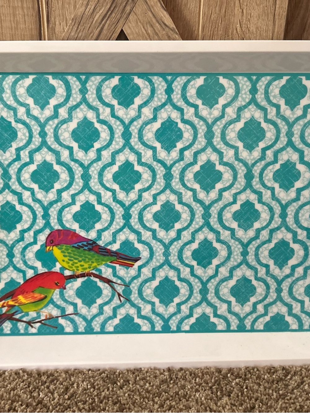 Turquoise Patterned Wall serving tray with handles and Colorful Bird Accents